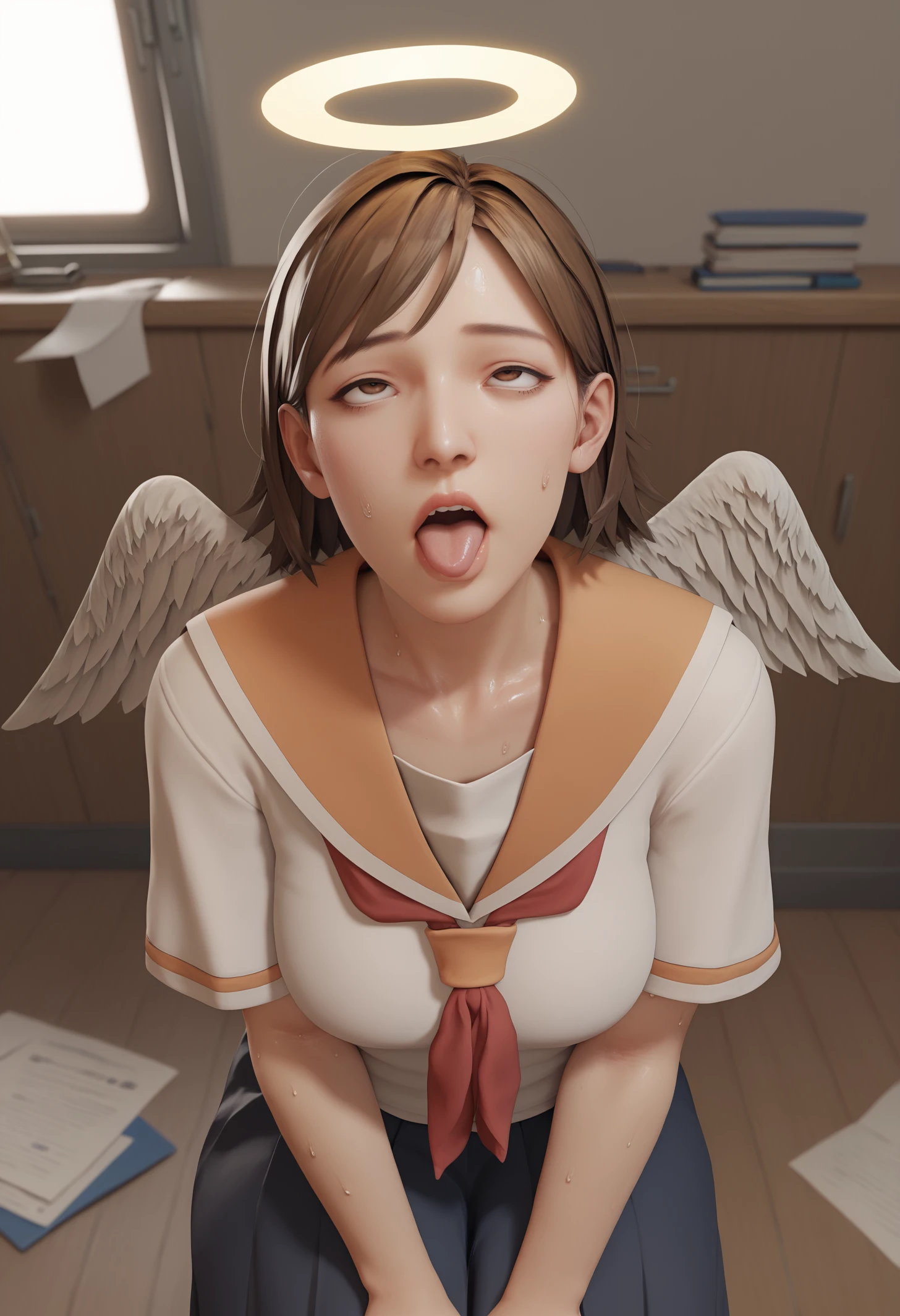 score_9, score_8_up, score_7_up, score_6_up, score_5_up, score_4_up, mature businesswoman sitting in office looking at viewer, <lora:X3DLycoXL:0.6> sweat body, soft light,
angel wings, brown eyes, brown hair, haibane renmei, halo, rakka, sailor collar, school uniform, <lora:Rakka_pony:0.8>
ahegao, toungle out,