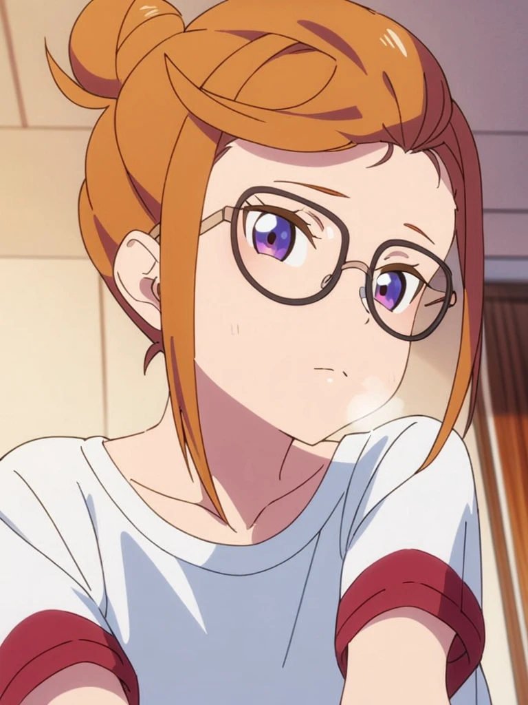 masterpiece, best quality, very aesthetic, absurdres, upper body, pov,
<lora:kanon-sdxl-000056:0.9>,
shibuyakanon, orange hair, (kanoncasual, short hair, hair bun), glasses, white t-shirt, red sleeves, short sleeves, (from side:0.8),
heavy breathing, looking at viewer,