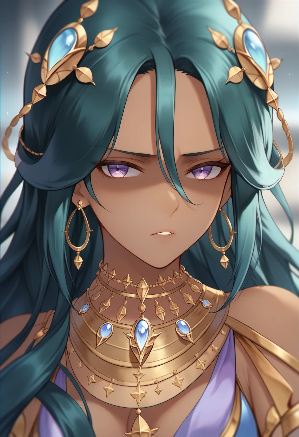 score_9, score_8_up, score_7_up, <lora:laudiakr-ponyxl-beta3-08:1>, laudiakr, dark-skinned female, 1girl, solo, close-up, looking at viewer, shaded face, parted lips, disgust, earrings, jewelry, dancer, necklace, long hair, hair between eyes, blurry background, chromatic aberration, hair ornament, scowl,