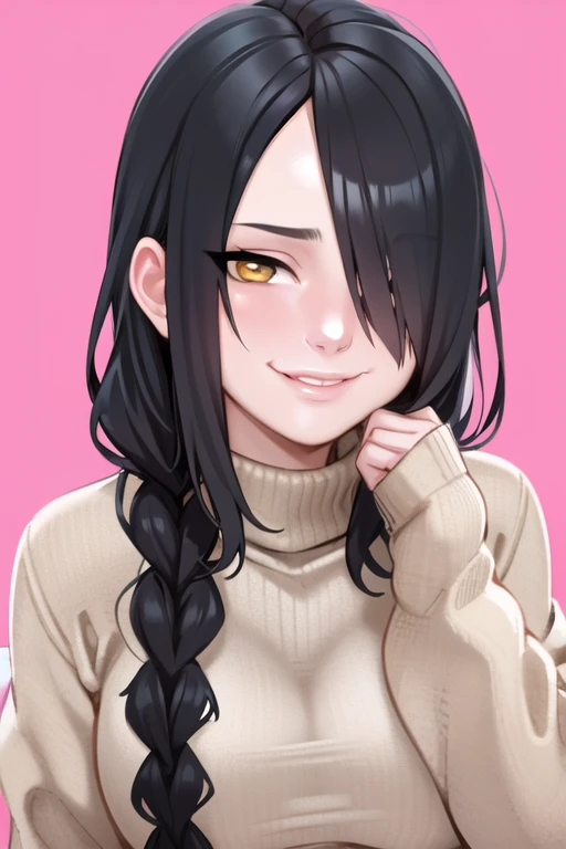 andava, 1girl, solo, smile, long hair, looking at viewer, simple background, black hair, upper body, yellow eyes, braid, sidelocks, hair over one eye, sweater, single braid, red background, hair over shoulder, braided ponytail, pink sweater, <lora:andava:0.8>