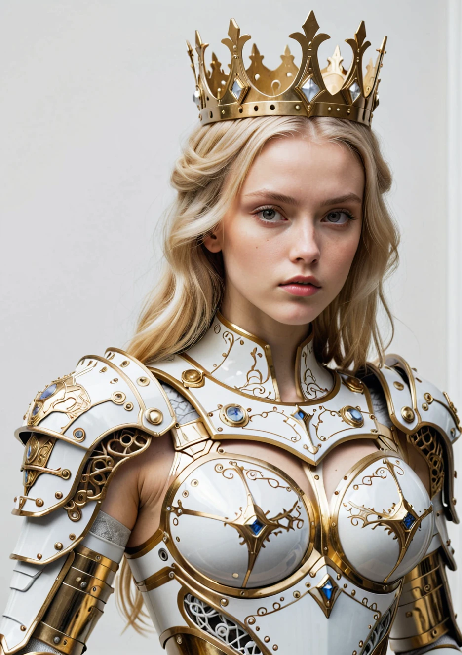 futuristic sexy princesses armor, gold white, women, blond hair, small princesses crown, intricate details, gorgeous, weird, serious, which is a plan for the design of a computer in the style of Leonardo Da Vinci
