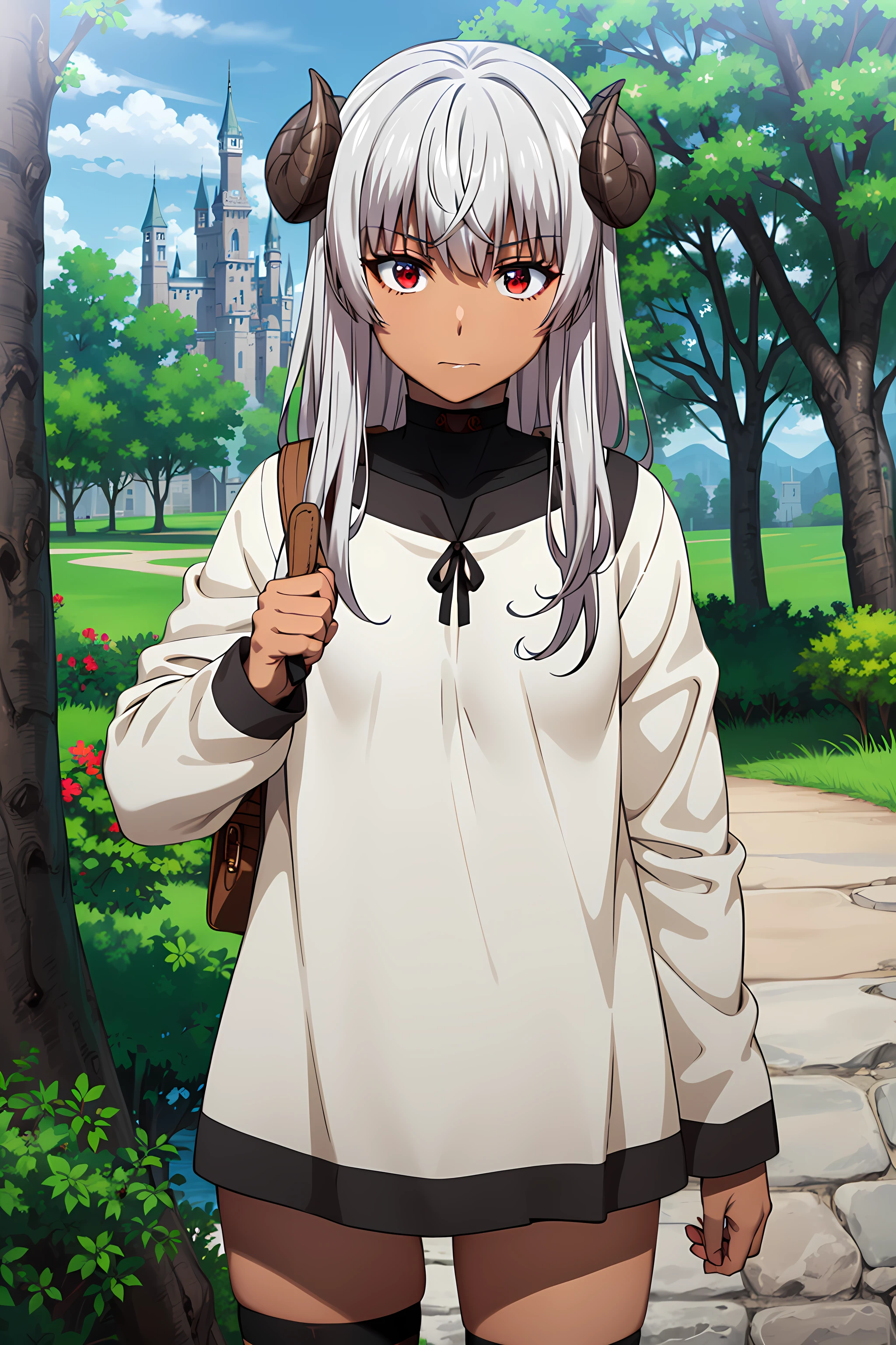 best quality, masterpiece, detailed,
<lora:ChiyuMahouNoMachigattaTsukaikata_Felm:0.9>, Felm,
1girl, closed mouth,
dark skin, grey hair, long hair, red eyes, curled horns,
shirt, ribbon, long sleeves, (black socks:1.2), bagpack,
looking at viewer,
outdoors, castle, fantasy, tree