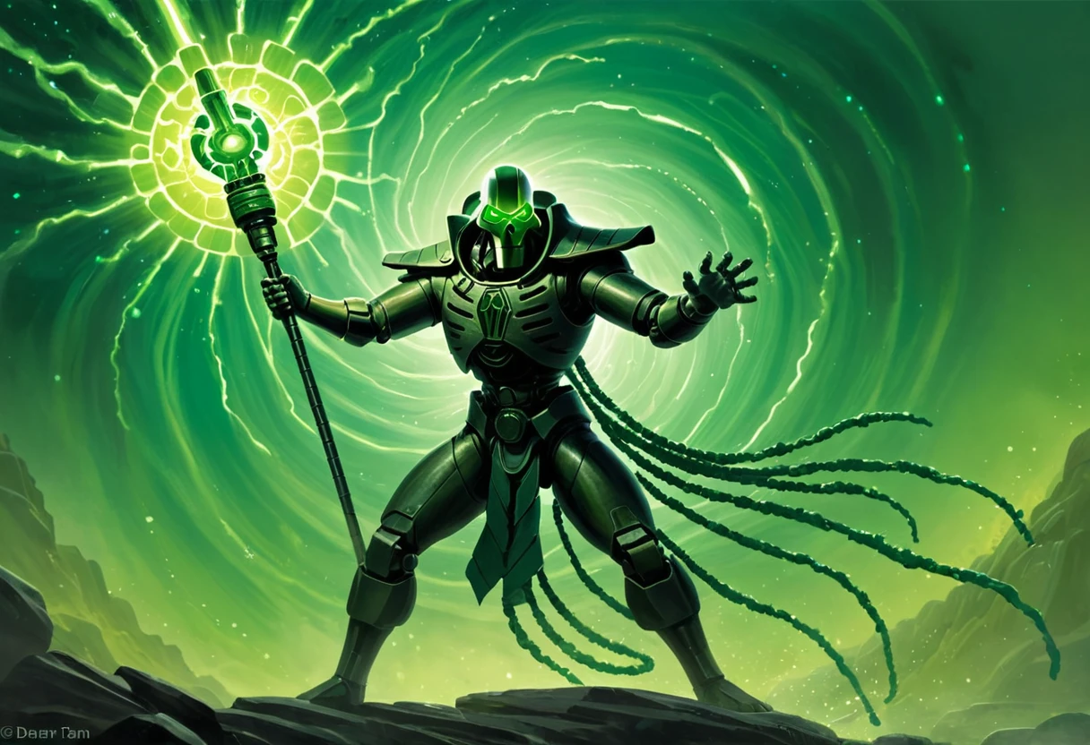 A painting of a Cryptek in combat. He is standing in a wide, dynamic pose, his legs spread shoulder-width apart and his arms outstretched. He is holding a staff in his right hand, and his left hand is raised in the air. The staff is glowing with green energy, and the Cryptek's eyes are also glowing green. He is wearing a dark robe, and his face is hidden by a mask. The background is a dark, swirling vortex of green energy. By Darren Tan.
<lora:Necron-000008:1>