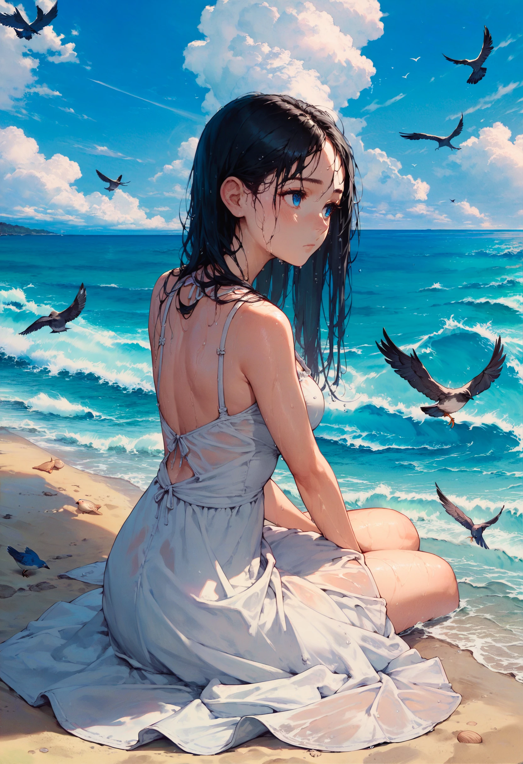 score_9,score_8_up,score_7_up,score_6_up,source_anime,<lora:Worldly_XL:1>,solo,1girl,from behind,looking away,blush,expressionless,black hair,blue eyes,straight hair,long hair,medium breasts,white sundress,wet,sitting,beach,waves,cloud,bird,