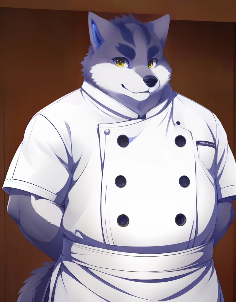 (((detailed eyes, detailed face))), (furry, arashi <lora:character_arashi_findigo_v2:1>, two-tone fur, grey fur, dog boy, snout, yellow eyes), male, (solo), (plump, fat, chubby, overweight), (chef clothes, waist apron), standing, (arms behind back), smile, (front view) BREAK (konzaburou, ukan_muri, cute), bedroom, (flat shading, flat color, high brightness), 8k, UHD, masterpiece, (full body)