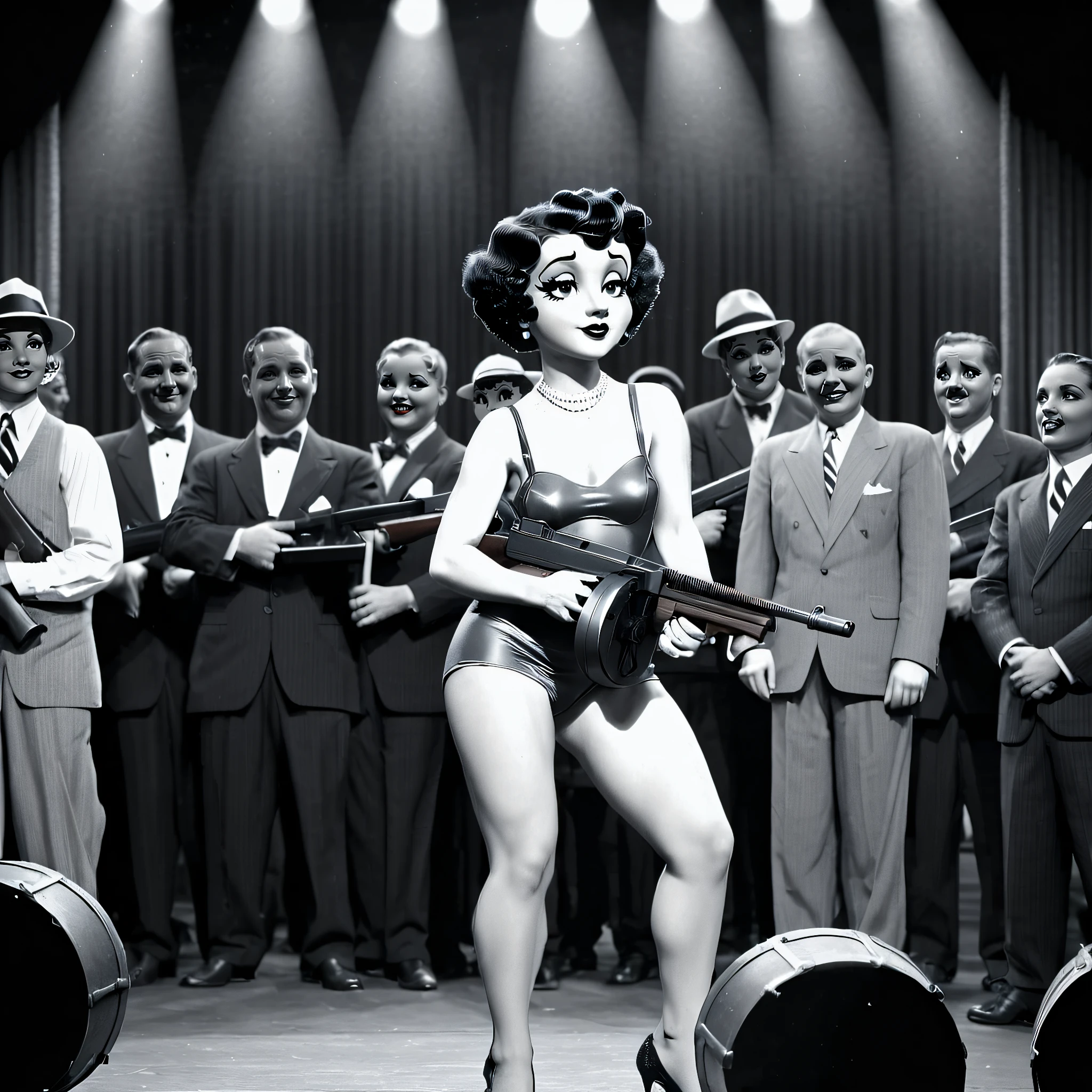 betty boop on stage holding a submachine gun, tmmygn, 1920s, retro, stage, audience, monochrome, big band,