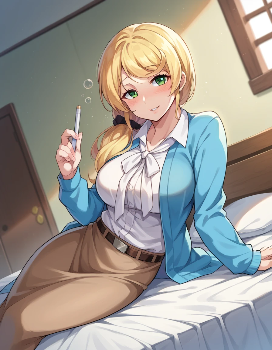 score_9, score_8_up, score_7_up, source_anime,
ellenbaker, <lora:ellen-baker-ponyxl-lora-nochekaiser:1>
ellen baker, blonde hair, green eyes, long hair, ponytail, scrunchie, mature female,
shirt, white shirt, collared shirt, cardigan, blue cardigan, belt, skirt, brown skirt, pencil skirt,
indoors, bed, bed room, on side, blush, drunk,
looking at viewer, cowboy shot, dutch angle,