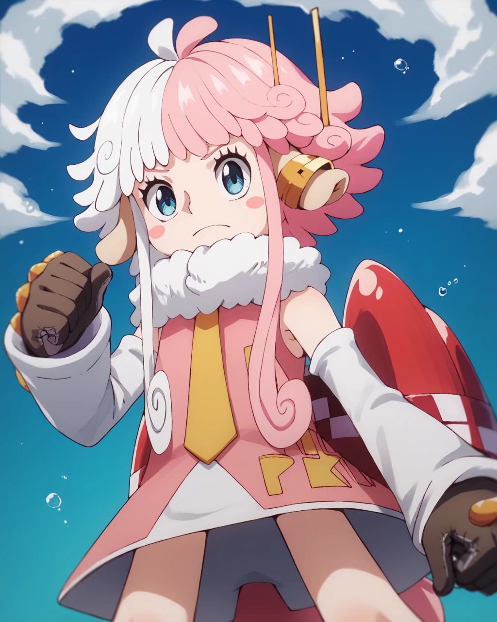 score_9, score_8_up, score_7_up, score_6_up, score_5_up, score_4_up, BREAK source_anime,
<lora:Atlas_PONY:1>,Atlas,1girl,pink hair, white hair, blue eyes, multicolored hair, animal ears,long hair,two-tone hair, gloves, blush stickers, necktie,detached sleeves, dress,