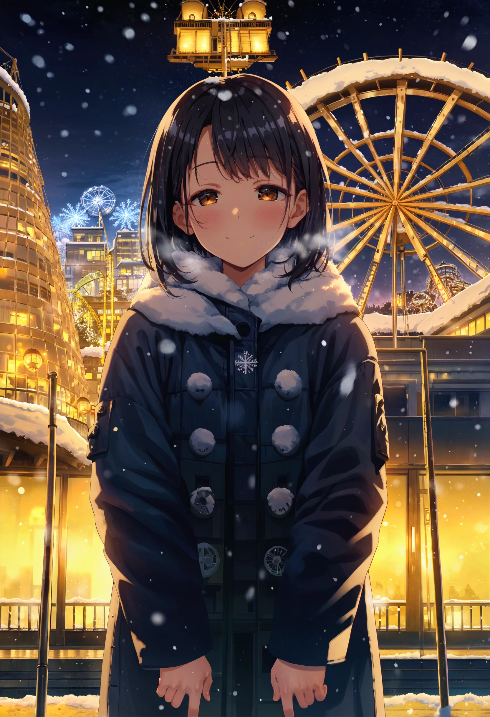 score_9,score_8_up,score_7_up,score_6_up,source_anime,<lora:Worldly_XL:1>,<lora:MeMaXL_V3:0.5>,solo,1girl,front view,standing,looking at viewer,black hair,medium hair,brown eyes,colored eyelashes,night,half-closed eyes,smile,worried,blush,snow,ferris wheel,lamppost,glowing,black coat,winter_coat,heavy breathing,v_arms,