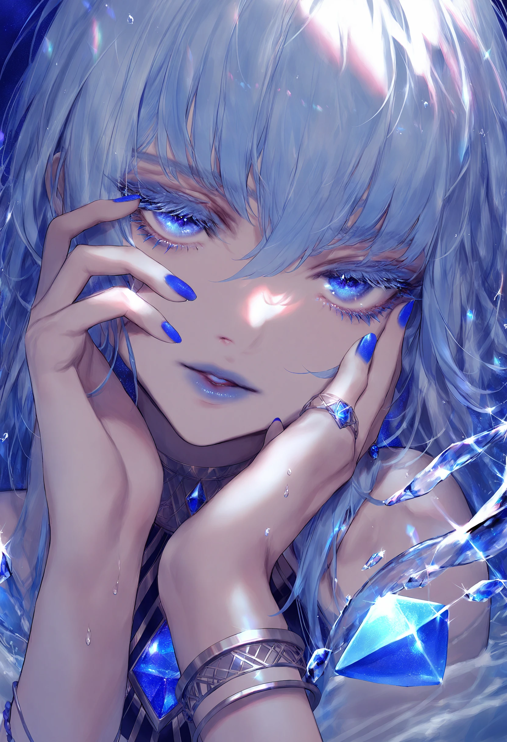 best quality, masterpiece, 1girl, solo, blue eyes, blue nails, jewelry, blue hair, gem, looking at viewer, nail polish, bangs, blue theme, hand on own face, bracelet, parted lips, blue gemstone, hair between eyes, portrait, white hair, water, lips, long hair, eyelashes
<lora:rsefXLlokr4f-000143:0.95>
