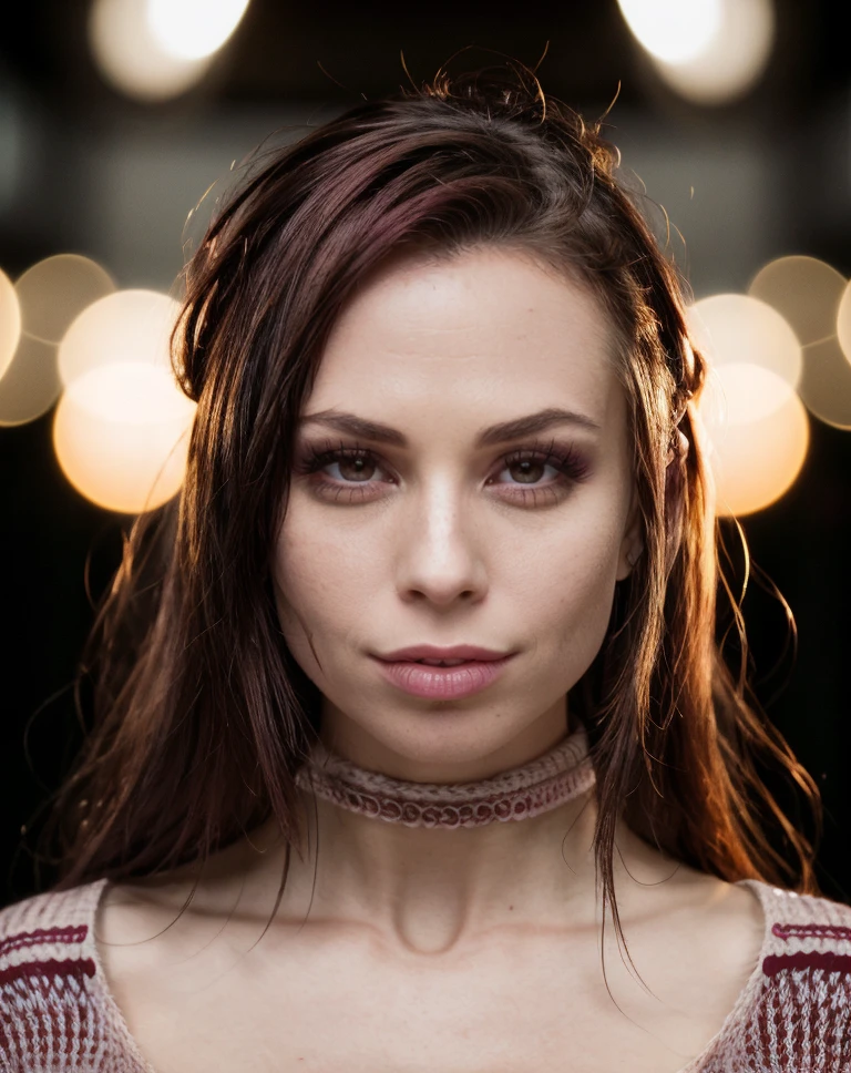 portrait shot of cinematic photo  <lora:quiron_AidraFox_v1_Lora:0.87> AidraFoxQuiron, RAW, (Dutch angle),  makeup,  a face of perfect proportion, Depth of field, Dancing, ,  Light Burgundy Cable-knit sweater with Submachine gun,   . 35mm photograph, film, bokeh, professional, 4k, highly detailed. Close-up, eyes on camera, clear, sharp
