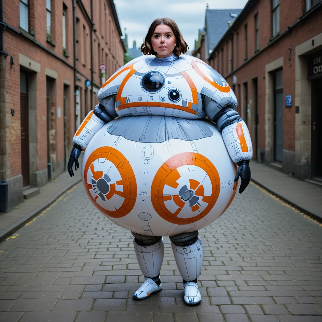 Woman wearing an inflatable spherical bb8 suit <lora:Inflatable_v6b_epoch_9:1>