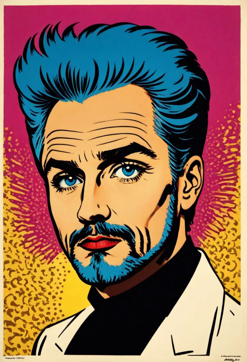 prtxztl, Lucifer Morningstar, hazbin votel vibes, 1boy, male focus, facial hair, blue eyes, solo, blue hair, mustache, bird, looking at viewer, beard, , screen printing, halftone printing, contemporary art, modern art, graphic art, commercial art, bold colors, bold lines, comic book style, comic art, advertising art, kitsch, retro style, vibrant colors, flat color, newsprint texture, illustration, art by Andy Warhol and Roy Lichtenstein, retro art style, ligne claire, pop art, vintage advertising poster