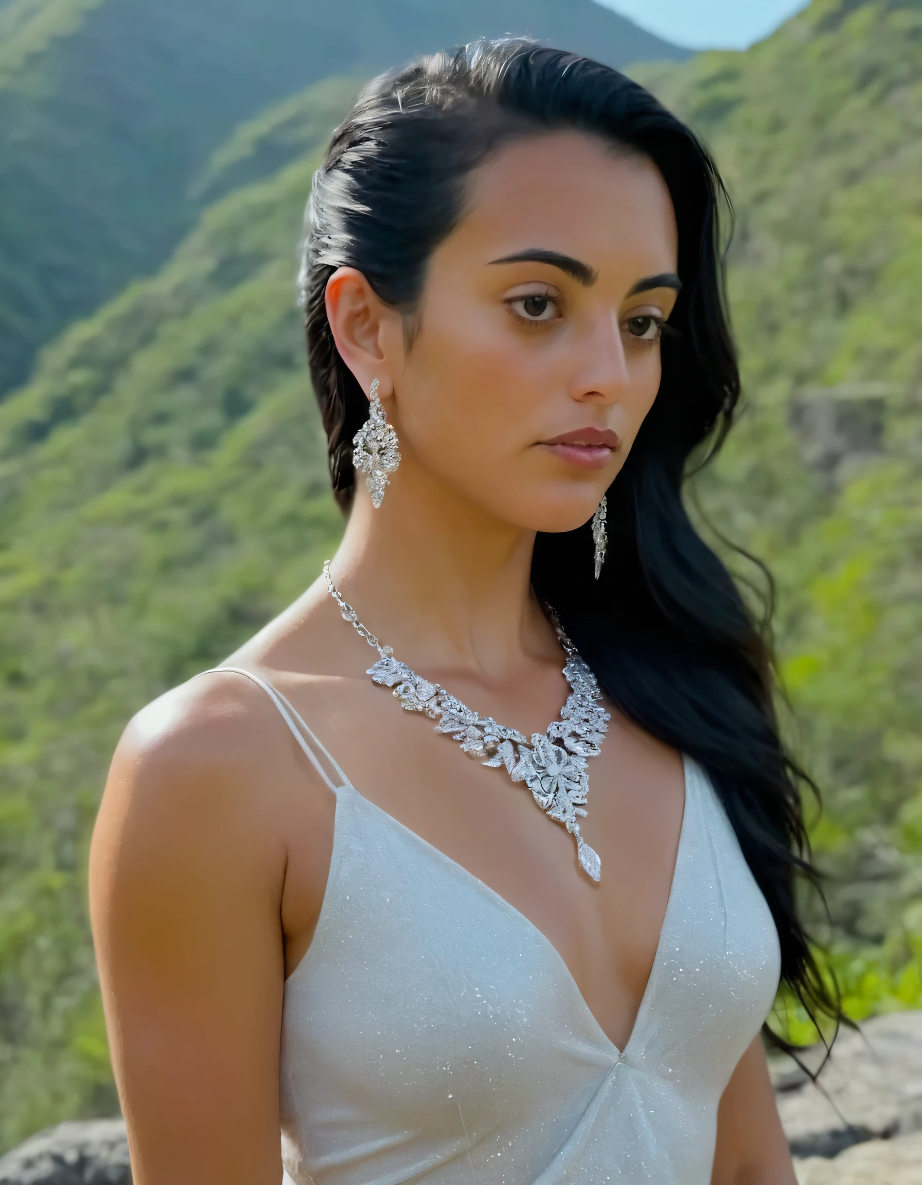 Capturing Katherinne Rodriguez, a striking woman with black hair cascading gracefully down her back, dressed in elegant attire accentuated by glittering jewelry including a striking necklace and sparkling earrings; she stands confidently outdoors at a scenic location, effortlessly gazing straight into the camera while nature's tranquility blends harmoniously with her ethereal presence. <lora:ktnnlu18e96390d17t40a:1>