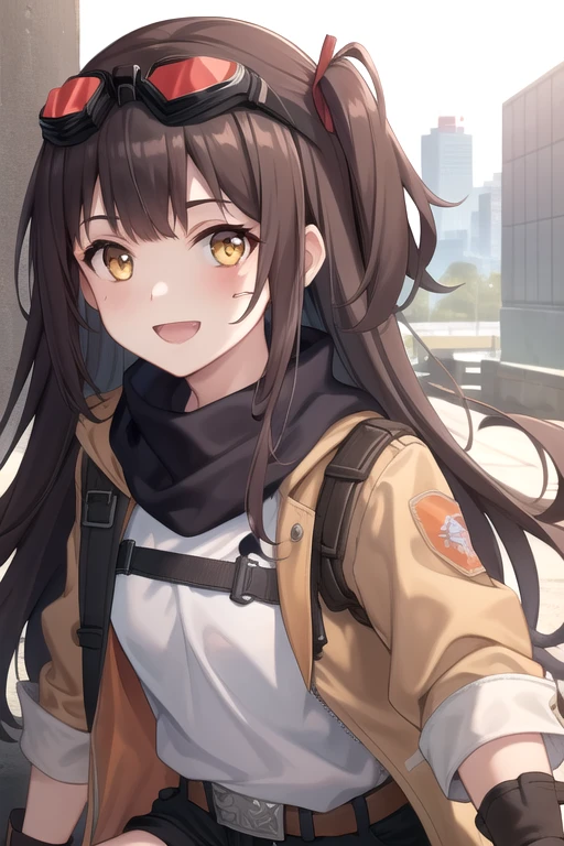 ((masterpiece)),(best quality),official art,extremely detailed CG,unity 8k wallpaper,ultra detailed,beautiful detailed eyes,extremely detailed face,outdoors,1girl,solo,upper body,(portrait:1.5),looking at viewer,facing viewer,smile,very long hair,brown hair,one side up,goggles on head,yellow eyes,bangs,brown jacket,black scarf,white shirt,black gloves,small breasts,black shorts,short shorts,belt,sleeves rolled up,bandaid on leg,bandaid on knee,orange socks,boots,<lora:Mayling Shen(gf2):0.6>,