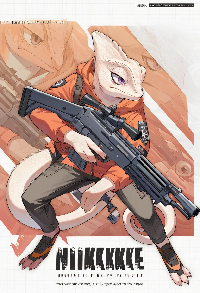 score_9, score_8_up, score_7_up, source_anime, Chameleon, lizard, back spikes, feral, scales, IncrsNikkeProfile, full body, zoom layer, holding weapon, holding gun, <lora:ChamChameleonPonyXL:1.0>, <lora:NIKKEProfile_PDXL:0.8>