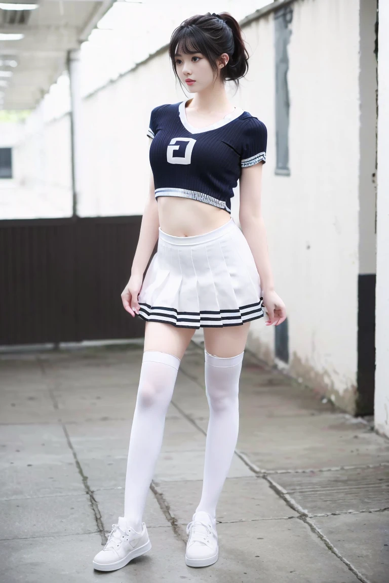 (full_body:1.3),the perfect hand,<lora:perfect hands:0.9>,standing,high quality,highres,super clear,16k,hud,in the outdoor,realive,realistic,1girl,solo,ponytail,brown hair,navel,midriff,blue t-shirt,exposed waist,white_thighhighs,striped,bangqiufu,<lora:bangqiufu:0.8>,white pleated skirt,audience oriented,arm,v_legs,fat,front,sneakers,<lora:guoguo_v1:0.8>,
