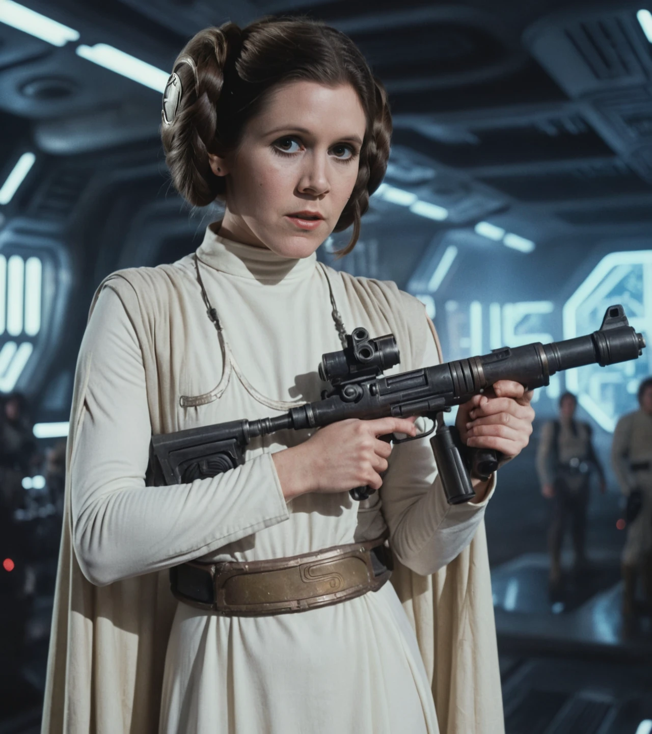 high resolution photo of le_ia with double bun hairstyle,wearing white gown,holding a star wars gun,full body shot,the scene has a dramatic look,volumetric lighting and bokeh,the background is super detailed,the shot is cinematic