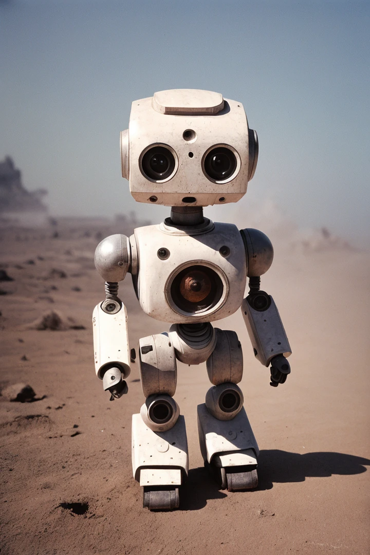 cute robots moving from one planet to another,,90th photos from photo album, film, vintage style, flash from camera, hyper realistic,fine textures,high quality textures of materials, volumetric textures, natural textures, (natural colors, correct white balance, color correction, dehaze,clarity)