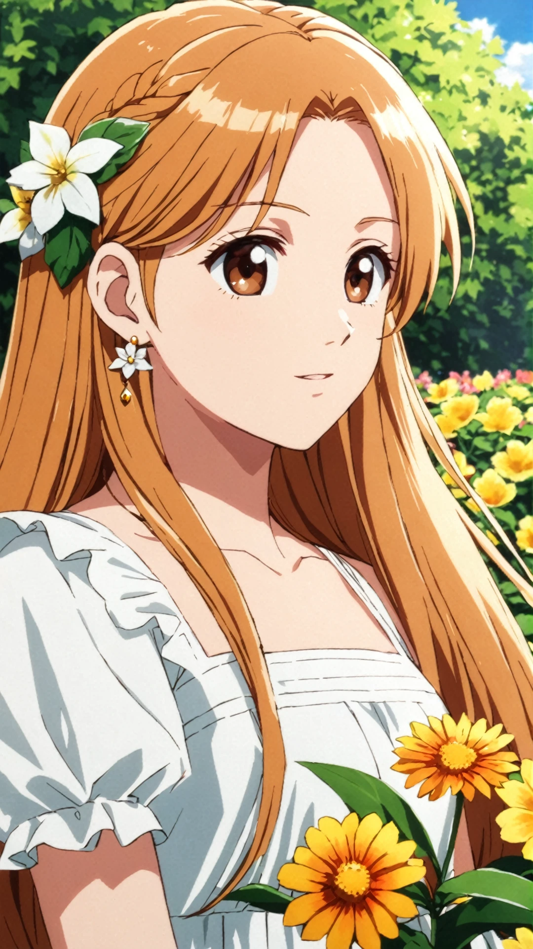 Leona, ginger blonde hair, long hair, brown eyes, hair ornament, earrings, white summer dress, in the flower garden<lora:EMS-335668-EMS:0.600000>