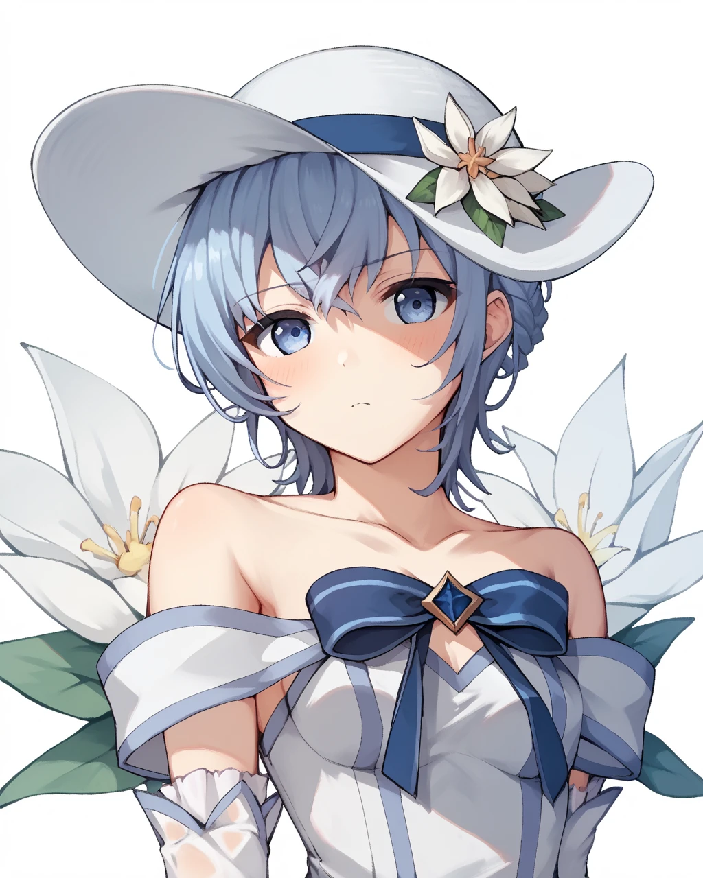 score_9, score_8_up, score_7_up, score_6_up, score_5_up, score_4_up, BREAK source_anime,
<lora:è天å_PONY:1>,è天å,1girl, solo, short hair, blue eyes,, gloves, hat, ribbon, bare shoulders, blue hair,blue eyes,white elbow gloves, white dress, see-through, white headwear, sun hat, hat flower,thighhighs,