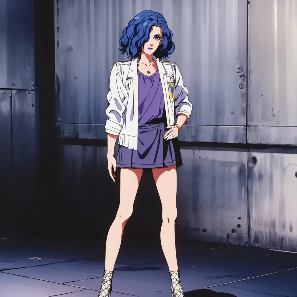 <lora:MZ2Rena001:0.7>,
solo,
MZ2Rena,1girl,blue hair,middle hair,wavy hair,hair over one eye,eyeshadow,grey eyes,purple lips,retro artstyle,1980s (style),
white jacket,purple shirt,
mini skirt,
full body,standing,