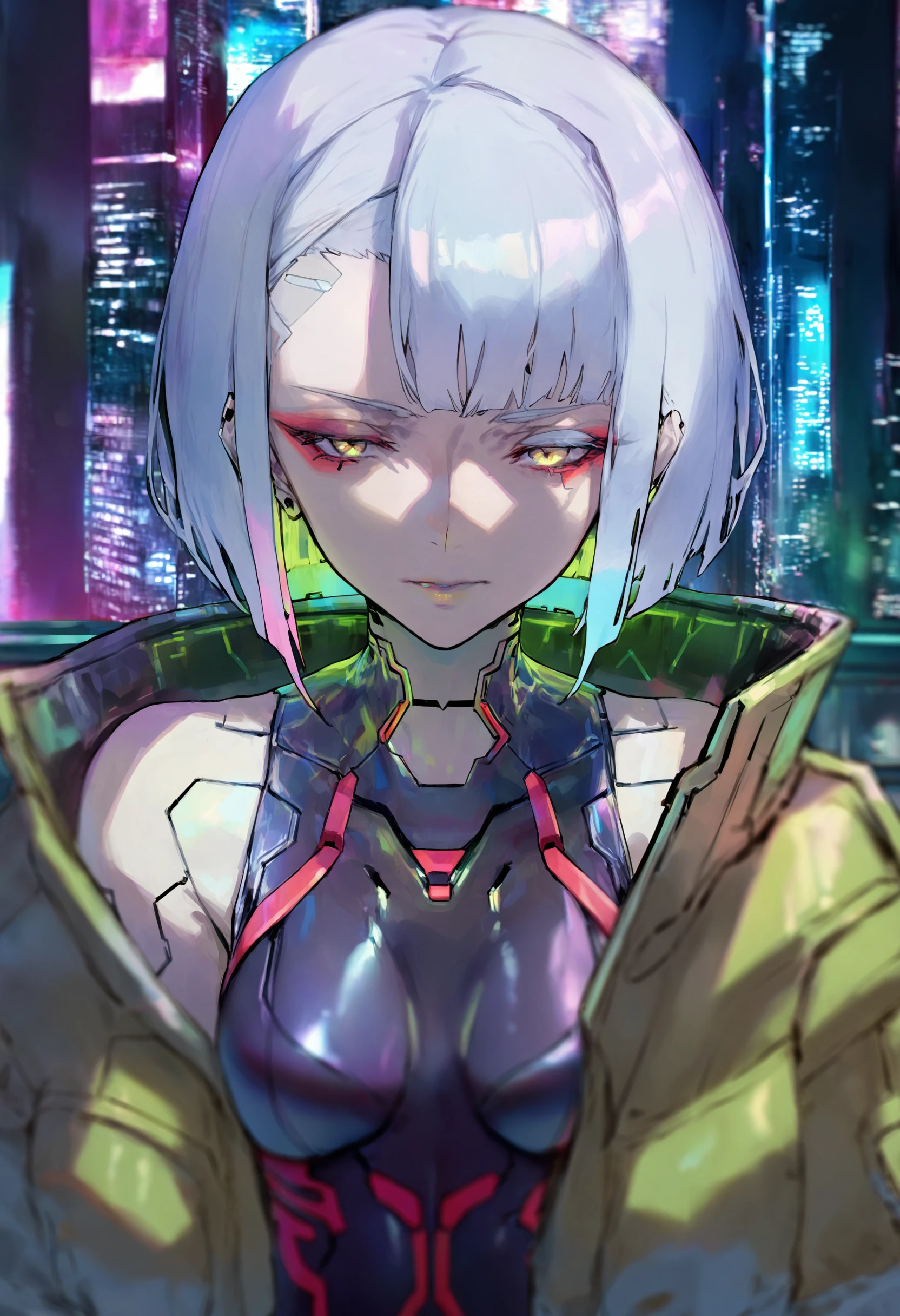 best quality, masterpiece, lucy \(cyberpunk\), 1girl, solo, bangs, jacket, upper body, short hair, red eyeliner, open clothes, white hair, bodysuit, multicolored hair, parted lips, cyberpunk, yellow jacket, parted bangs, open jacket, city, breasts, makeup
<lora:rsefXLlokr4f-000143:0.95>