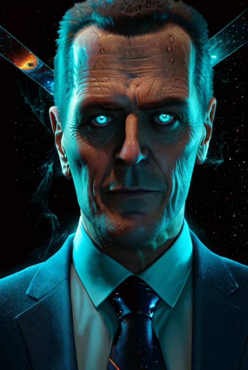 (gman) portrait adjusting tie, looking at camera, glowing aqua eyes  <lora:Gman v1.0-000020:0.9>
 portrait angle, beautiful planet, galaxies, stars, planets, bright reflective colours, mirrors
[reflections, dark lighting, light rays, beams of light, realistic, high quality photo, 4k, hd, , ral-frctlgmtry]
<lora:xl_more_art-full_v1:0.6> <lora:add-detail-xl:0.5> <lora:ral-frctlgmtry:0.5>