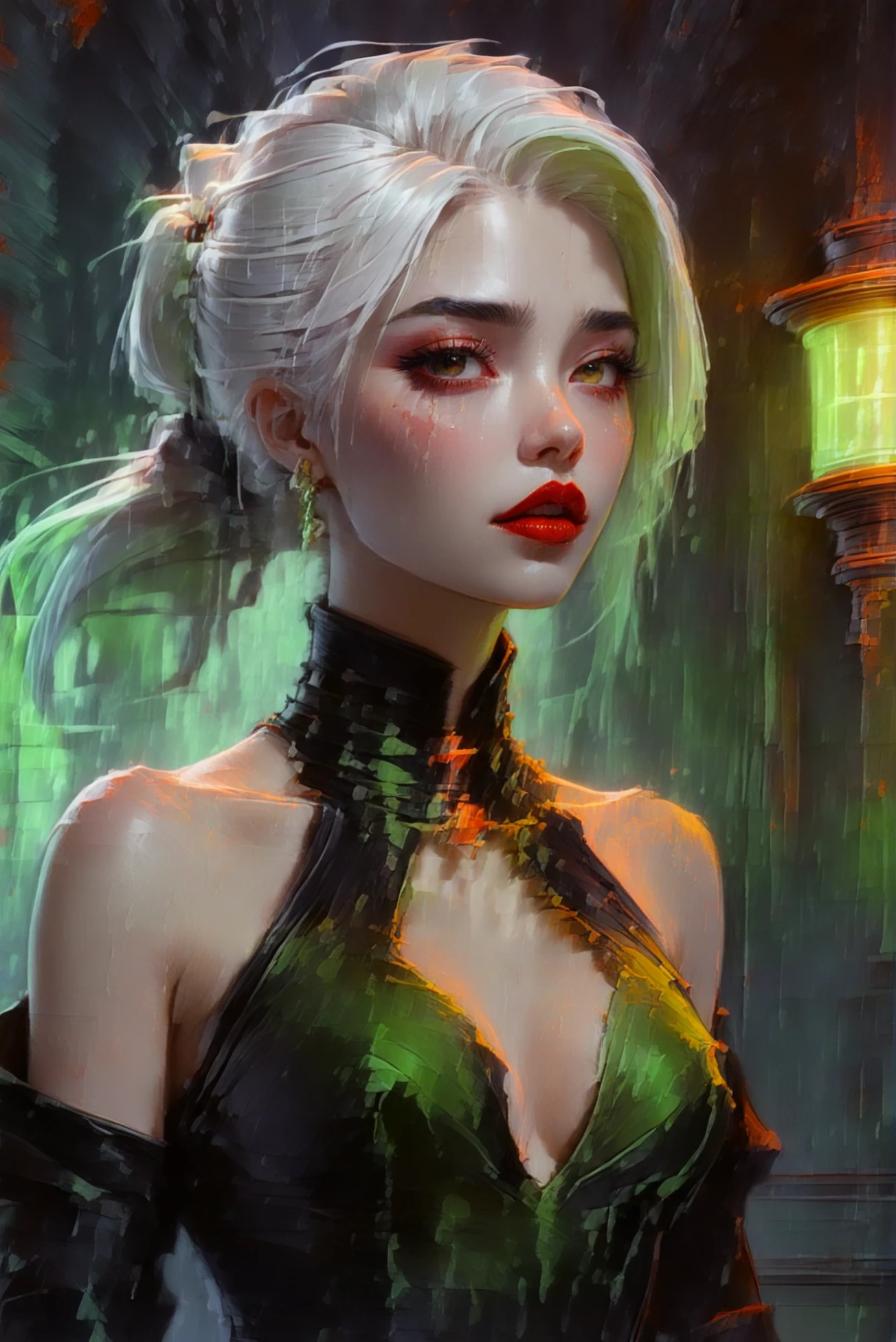 digital painting, 1girl, woman, dark sorceress, (red lipstick:1.3),(very high collar:1.3),(flowing dress:1.3), bombshell hair, white hair with green highlights, Havana Twists, hourglass figure, chinese, <lora:EnvyDarkImpressionismXL01:2> Cyberdrug Den for Virtual Narcotics \(room\) in a gargantuan,wonderous scifi metropolis beyond the beginning of the universe