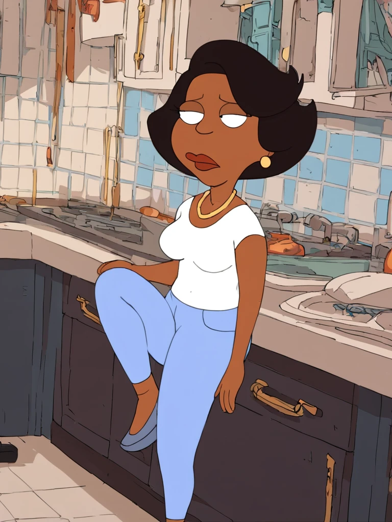<lora:donnapony2:1> donna, dark skin, black hair, dark-skinned female, 1girl, jewelry, earrings, short hair, solo, necklace, flat color, shirt, white shirt, lipstick, pants, blue pants, mature female,score_9, score_8_up, score_7_up