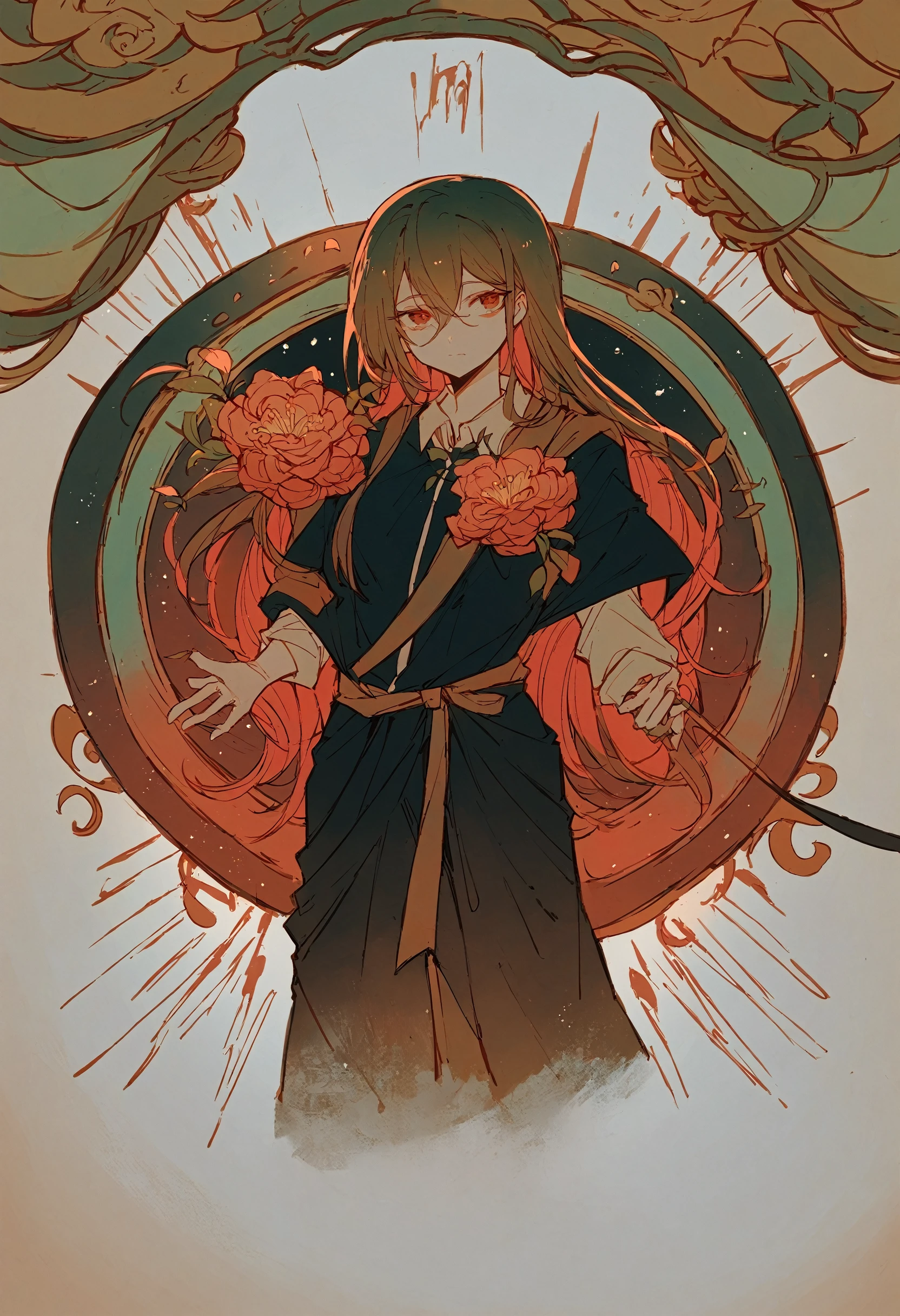 score_9, score_8_up, score_7_up, BREAK
1girl, facing viewer, abstract, cowboy shot, flower,( flat color:0.5),( lineart:0.8), black theme, (disastrous:1.25), (mage:1.1)