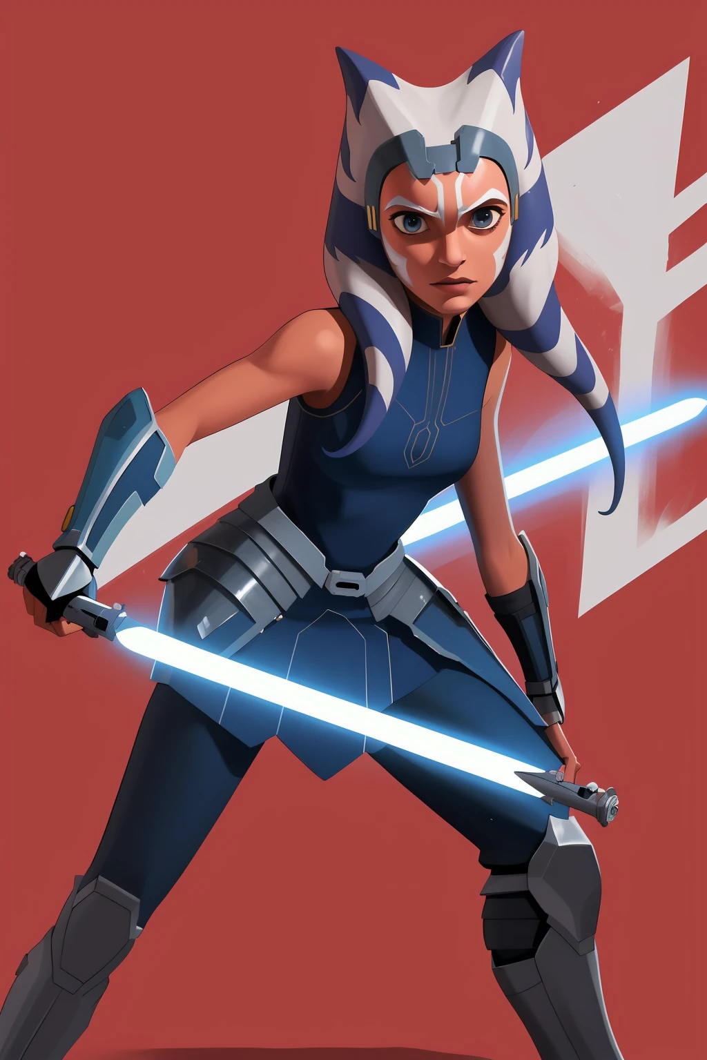 (masterpiece), (best quality), ahsoka tano, young, mandalorian armor, blue lightsaber