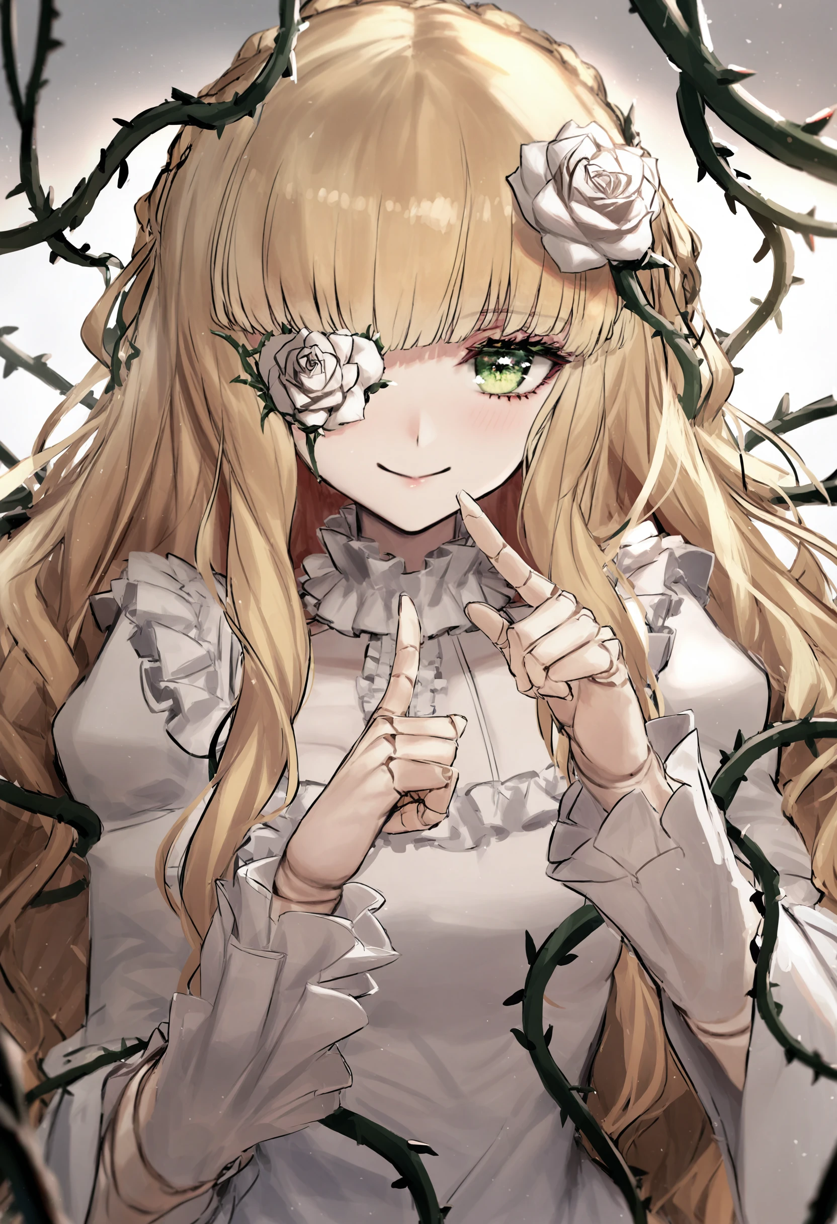 best quality, masterpiece, 1girl, flower, solo, blonde hair, long hair, rose, hair flower, hair ornament, dress, smile, looking at viewer, finger to mouth, green eyes, white flower, white dress, joints, flower over eye, white rose, thorns, index finger raised, doll joints, long sleeves, very long hair, frills, upper body, closed mouth, vines, bangs, plant
<lora:rsefXLlokr4f-000143:0.95>