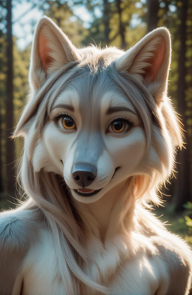 score_9, score_8_up, score_7_up, Wolf, 1girl, Smile, forest, cozy, cute, 8k, hd, photo
