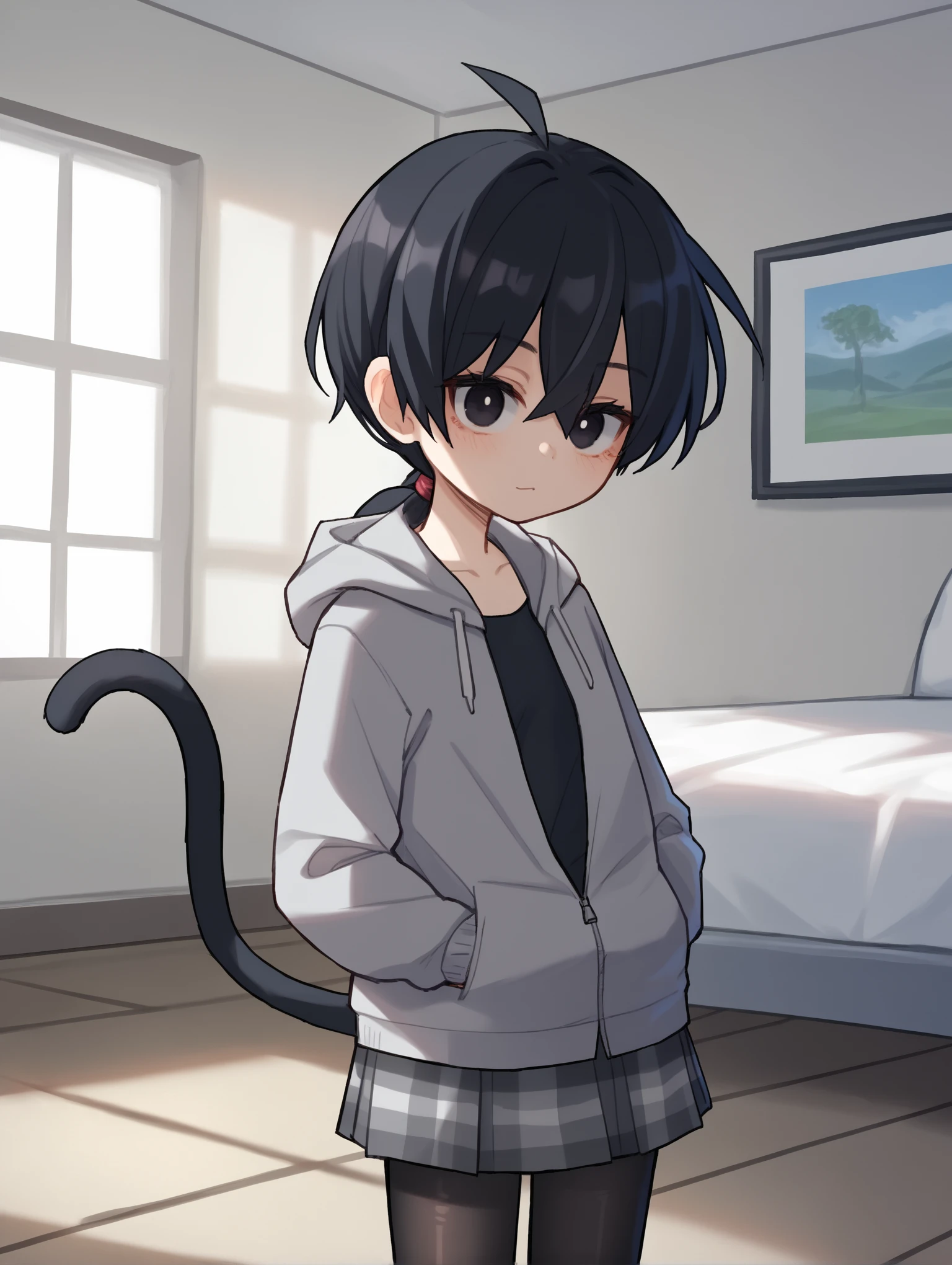 score_9, score_8_up, score_7_up, score_6_up, score_5_up, score_4_up, source_anime, BREAK
1girl, solo, looking at viewer, <lora:PopokaXL:1> popokaxl, hoodie, open hoodie, grey skirt, black pantyhose,, <lora:Meizie-10:0.7> meizie, low ponytail, ahoge, flat chest, short hair, (monkey tail), (baseform, black hair, black eyes,(black tail))