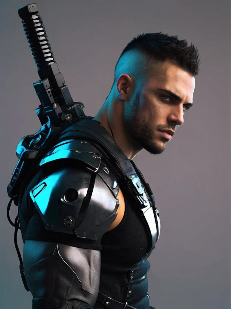 1boy, European, solo, facial hair,34 yrs old, dom, male focus, bara, muscular, mature male, muscular male, beard, short hair, thick eyebrows, brown-skinned male, thighs, fancy armored bodysuit, fair skin, tie, tight white t-shirt, tight pants, open jacket, cybernetic bodysuit, ninja suit, cowboy shot, ninja uniform, feet out of frame, thick thighs, looking at viewer, masterpiece, 4k, high quality, highres, absurdres,