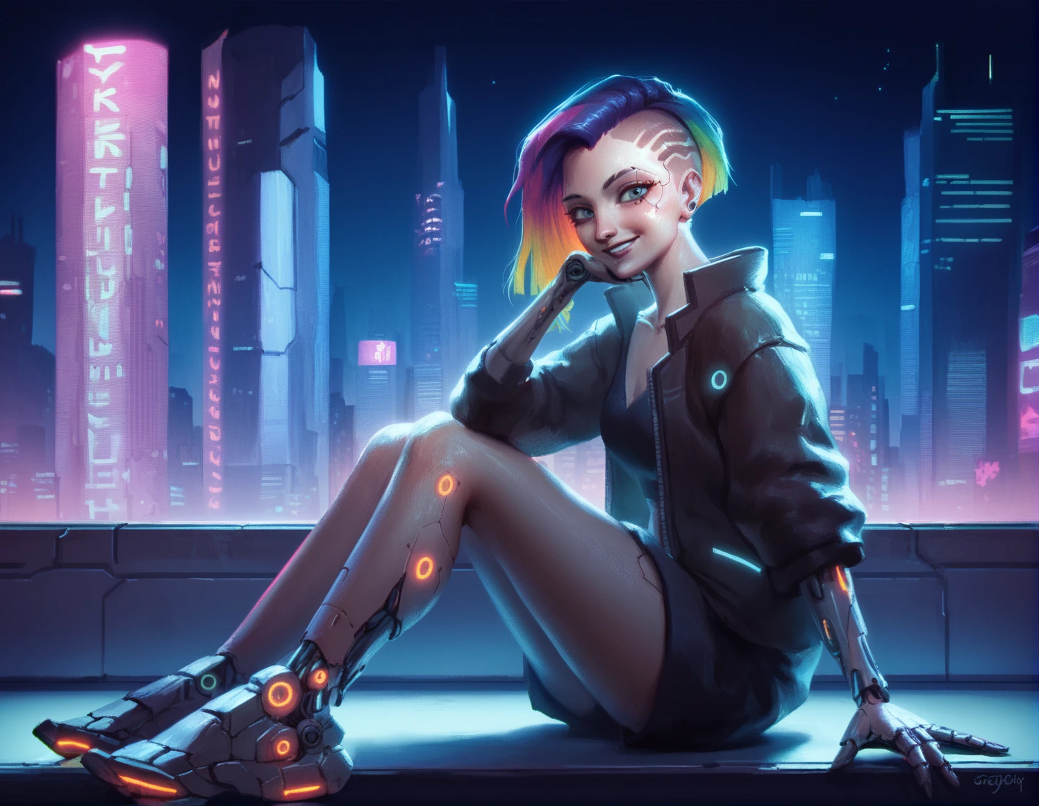 score_9, score_8_up, score_7_up, score_6_up, score_5_up, score_4_up, 1girl, female, solo, cyberpunk, cyborg, cybernetic implants, science fiction, multicolored hair, looking at viewer, smile, sitting, dangling legs, overlooking city, cityscape, night city, neon lights, <lora:letsfinalanswer_v4:1>