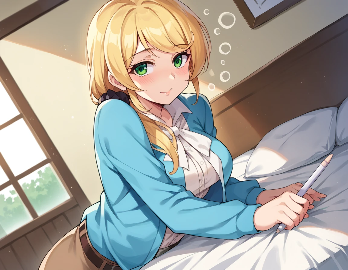 score_9, score_8_up, score_7_up, source_anime,
ellenbaker, <lora:ellen-baker-ponyxl-lora-nochekaiser:1>
ellen baker, blonde hair, green eyes, long hair, ponytail, scrunchie, mature female,
shirt, white shirt, collared shirt, cardigan, blue cardigan, belt, skirt, brown skirt, pencil skirt,
indoors, bed, bed room, on side, blush, drunk,
looking at viewer, cowboy shot, dutch angle,