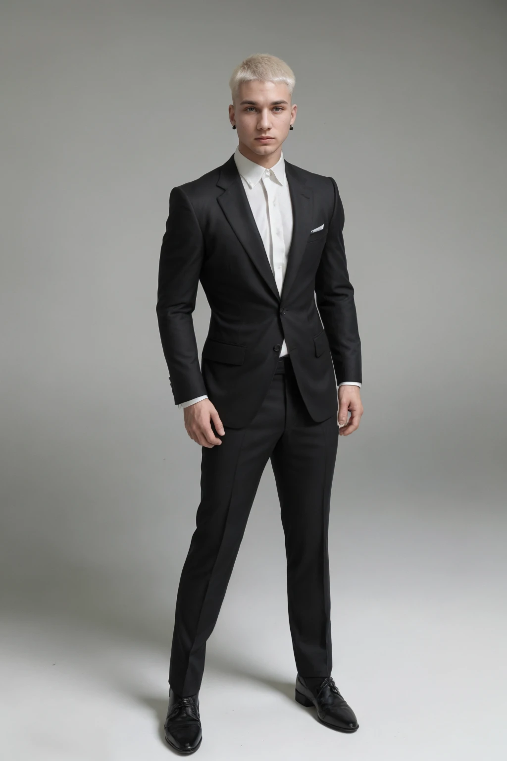 full body photo olafperson <lora:olaf_epoch_4:0.8>, blond buzzcut, stud earrings, wearing a fitted black Tom Ford suit, standing against white blank background, relaxed natural expression, Terry Richardson Style