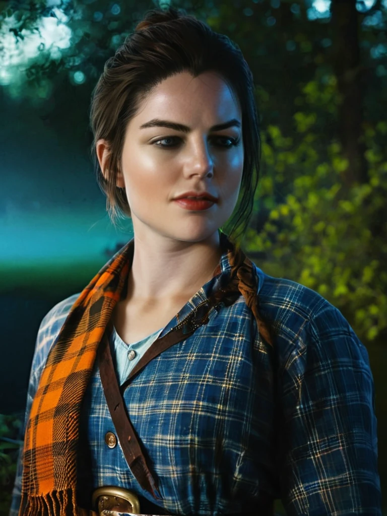 <lora:SDXL_AbigailMarstonV1:1.2>, AbigailMarston, with blue eyes and dark brown hair tied in a bun, wearing a blue plaid shirt, an orange shawl or brown scarf, a black belt with a golden buckle, a brown skirt, and black boots, cold, afraid, medium shot, (masterpiece, high resolution, Technicolor filmstill:1.3), the most hauntingly delicate woman, (piercing gaze:1.2), (dark allure:1.1), on back in a trying pond at late evening, casting eerie shadows, (intense expression:1.1), (ghostly pale skin:1.1), (whispers of the night:1.2), reaching out like skeletal fingers, (hideous atmosphere:1.2), (dreadful presence:1.1), shot on a 35mm Arriflex camera with an Angenieux 25-250mm f/3.2 lens, adding a cinematic quality to the haunting scene, a captivating blend of beauty and darkness in a Technicolor filmstill that evokes an ethereal sense of otherworldly enchantment, perfect eyes