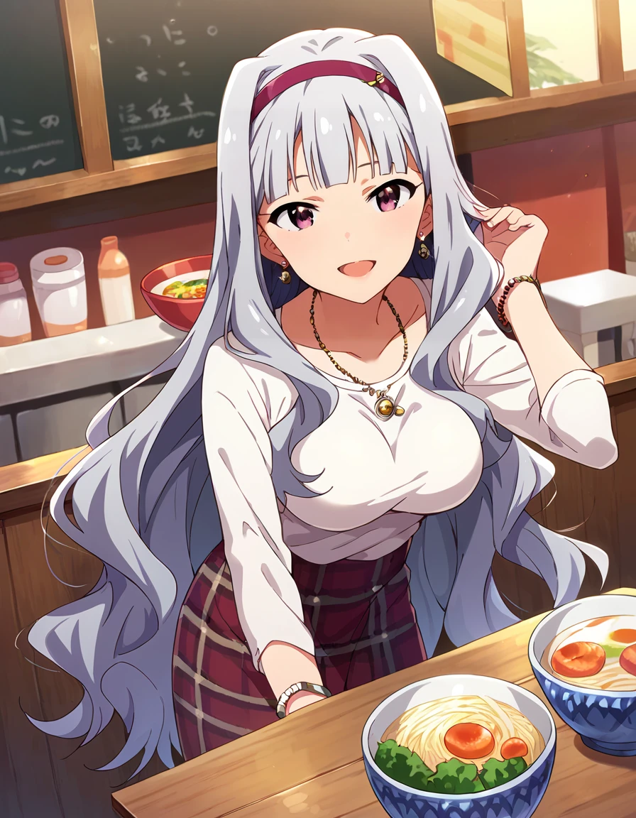 score_9, score_8_up, score_7_up, source_anime,
pinup of 1girl, solo,  happy, smile, open mouth, looking at viewer, in restaurant, ramen on table, bowl, indoors, 
 <lora:ShijouTakane_pony_v1:0.9>
sjutkn, very long hair, grey hair, wavy hair, blunt bangs, hairband, purple eyes, large breasts, 
casual wear, shirt, long sleeves,  plaid skirt, long skirt, 
earrings, necklace, bracelet, 
detailed eyes, eye refraction,