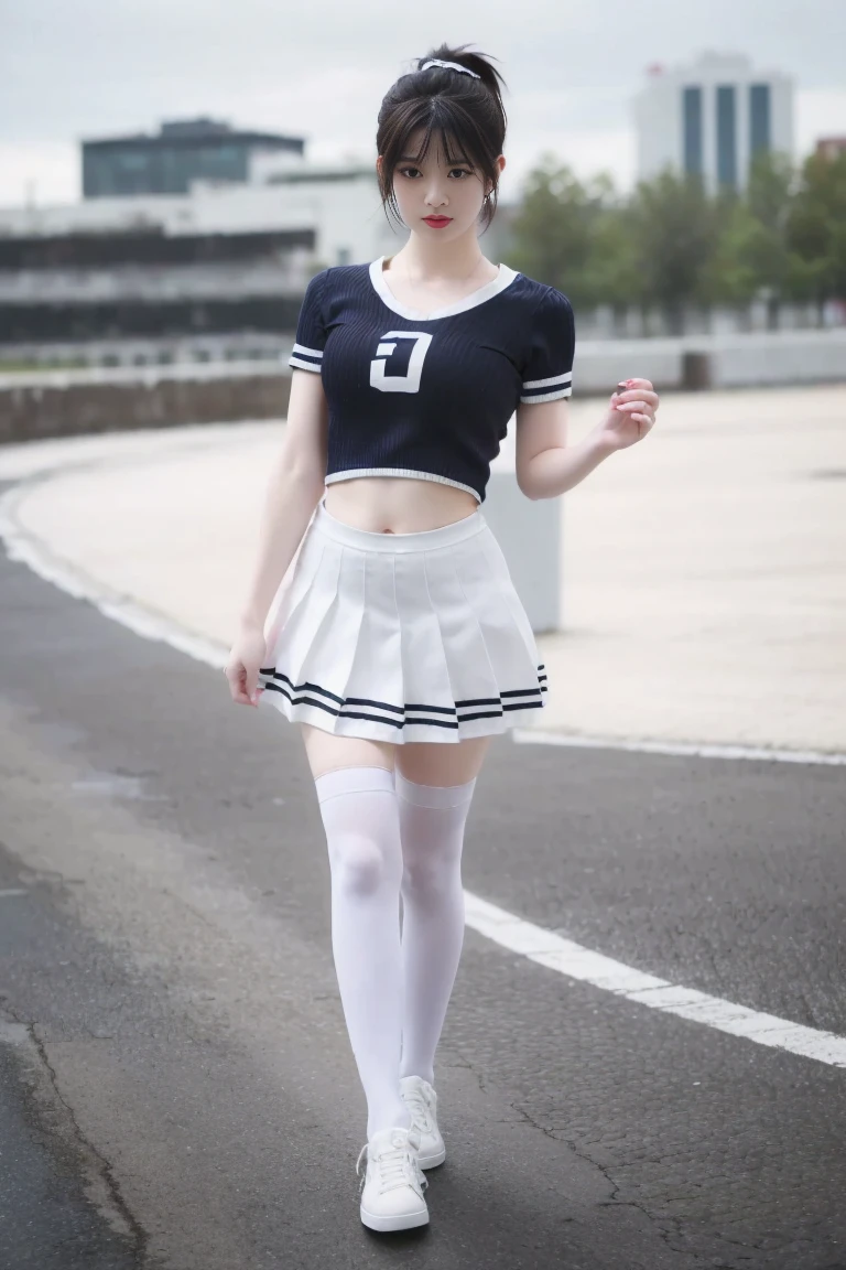 (full_body:1.3),the perfect hand,<lora:perfect hands:0.9>,standing,high quality,highres,super clear,16k,hud,in the outdoor,realive,realistic,1girl,solo,ponytail,brown hair,navel,midriff,blue t-shirt,exposed waist,white_thighhighs,striped,bangqiufu,<lora:bangqiufu:0.8>,white pleated skirt,audience oriented,arm,v_legs,fat,front,sneakers,<lora:guoguo_v1:0.8>,