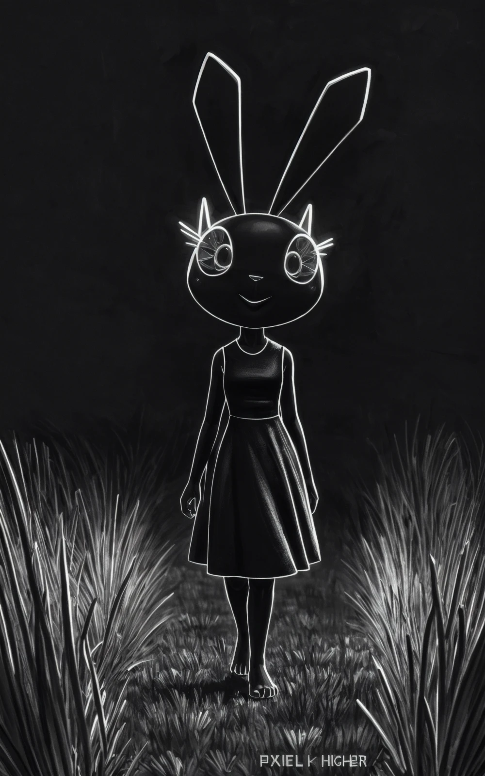 8k,4k,((Best quality, masterpiece, ultra high resolution)),((full body)), by pixelsketcher, <lora:VibriVR:0.8>,VibriVR,furry, rabbit ears, animal ears, furry female,rabbit girl, dress,black skin, polygon,black background, feet,((black dress)),complex eyes,black eyes,monochrome,walking,grass field
