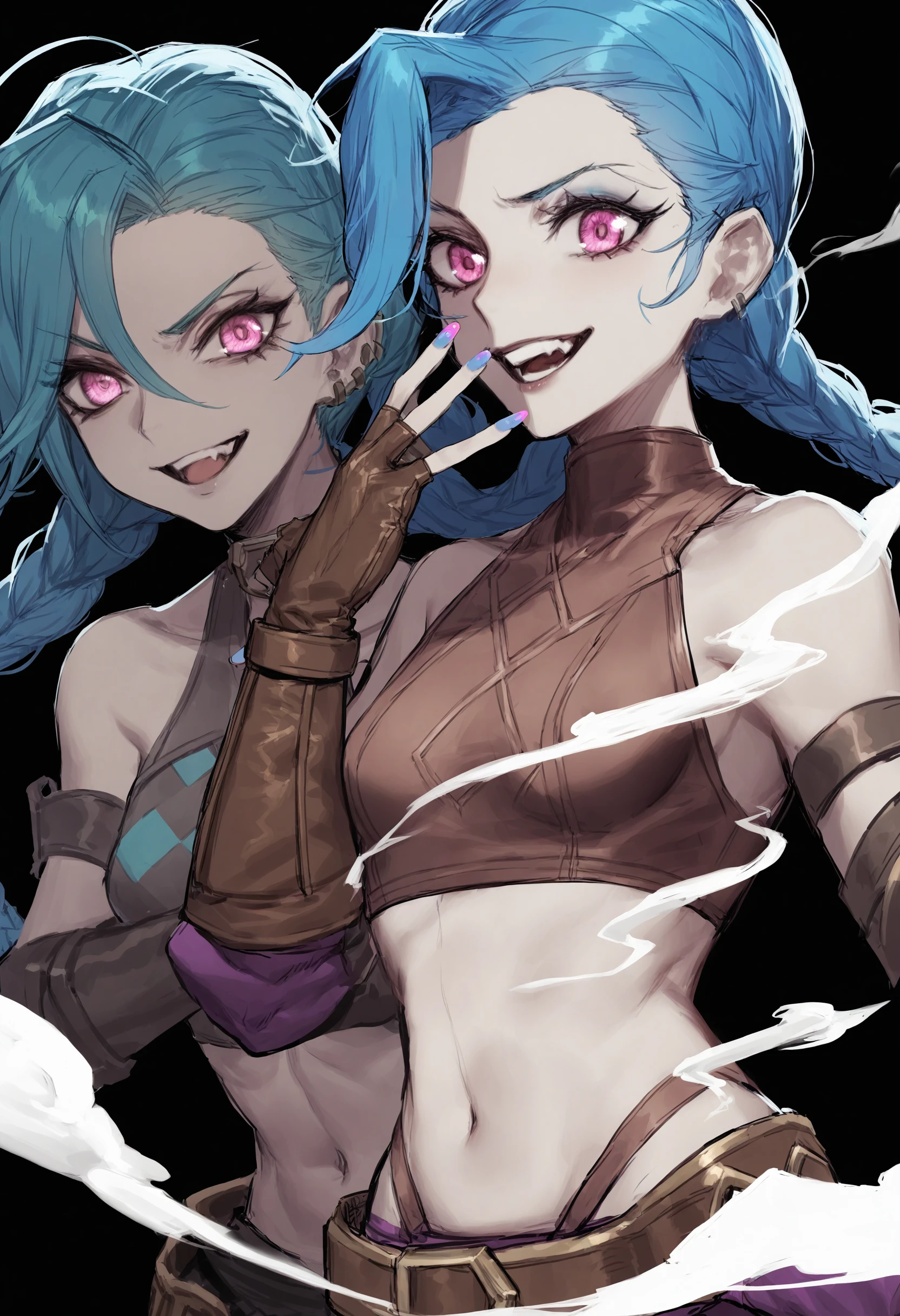 best quality, masterpiece, jinx \(league of legends\), long hair, black background, bare shoulders, fingerless gloves, gloves, braid, twin braids, bangs, breasts, pink eyes, looking at viewer, asymmetrical bangs, teeth, blue hair, smile, bullet, upper body, 1girl, pink nails, open mouth, brown gloves, navel, collarbone, smoke, crop top, brown shirt, 2girls, multiple girls, closed mouth, small breasts, green hair, simple background, black gloves, nail polish
<lora:rsefXLlokr4f-000143:0.95>