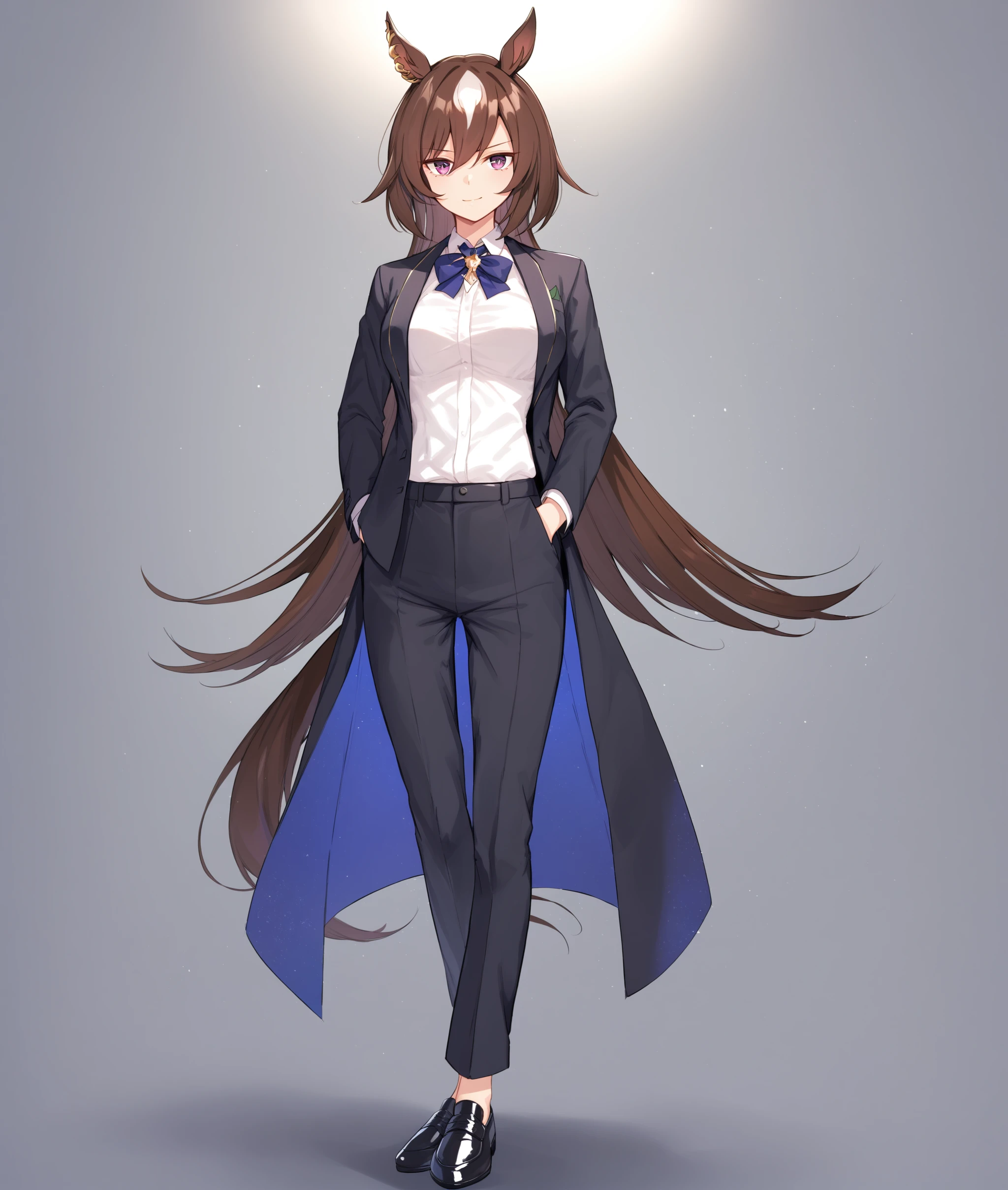 score_9, score_8_up, score_7_up BREAK
EE, 1girl, solo, long hair, breasts, looking at viewer, bangs, brown hair, shirt, long sleeves, bow, animal ears, very long hair, closed mouth, standing, purple eyes, jacket, tail, full body, white shirt, multicolored hair, open clothes, shoes, collared shirt, pants, bowtie, black footwear, vest, open jacket, streaked hair, black jacket, blue bow, black pants, formal, horse ears, suit, horse girl, horse tail, hand in pocket, blue bowtie, black sleeves, 
<lora:Sirius Symboli-ponyXL:0.8>,