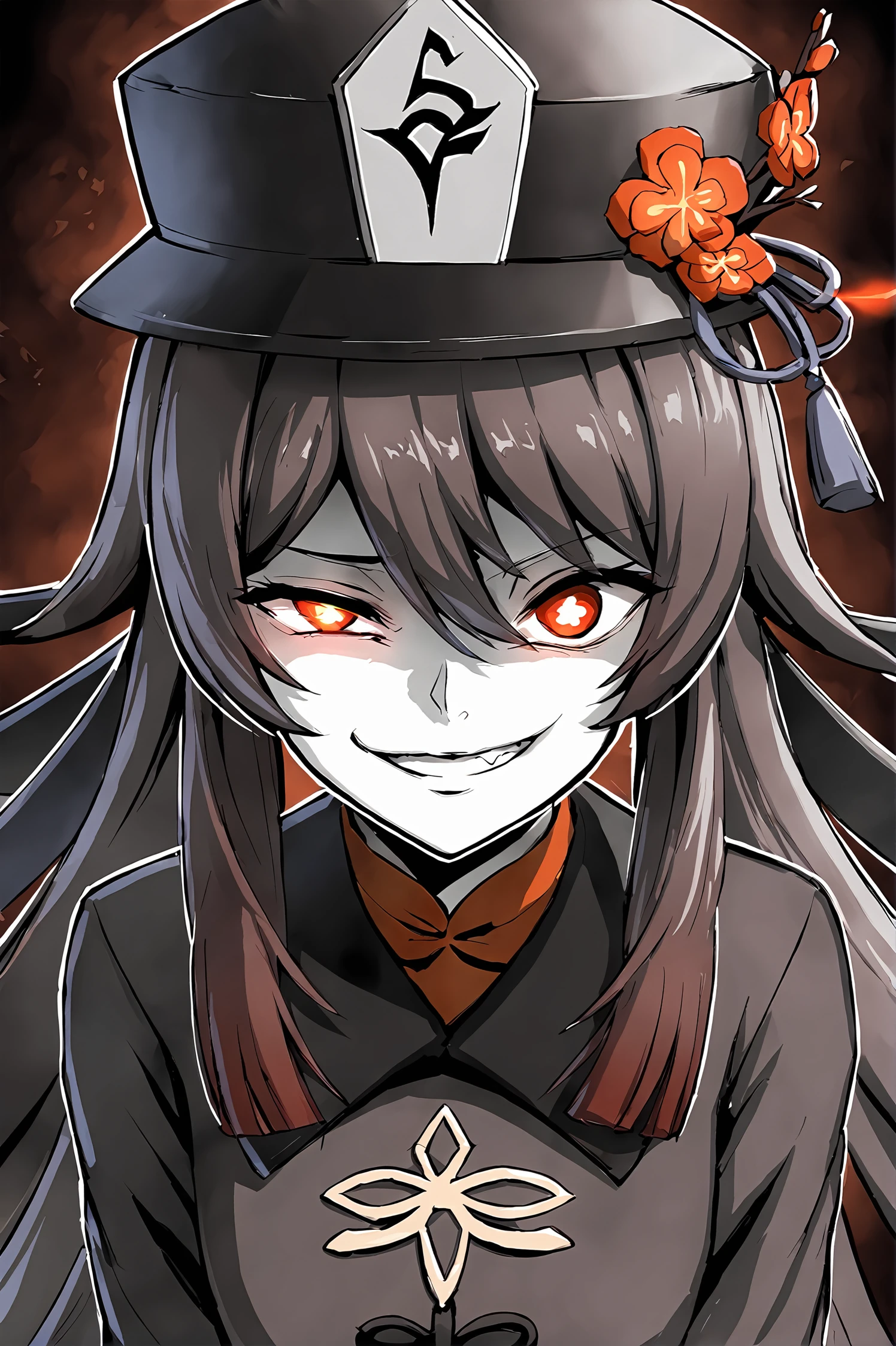 score_9,
<lora:ebiblue_v1_pruned:1>,
evil grin, hu tao \(genshin impact\), looking at viewer, close up, black background, red aura, glowing eyes, hat,
monochrome, spot color,
source_anime,
high resolution, Masterpiece