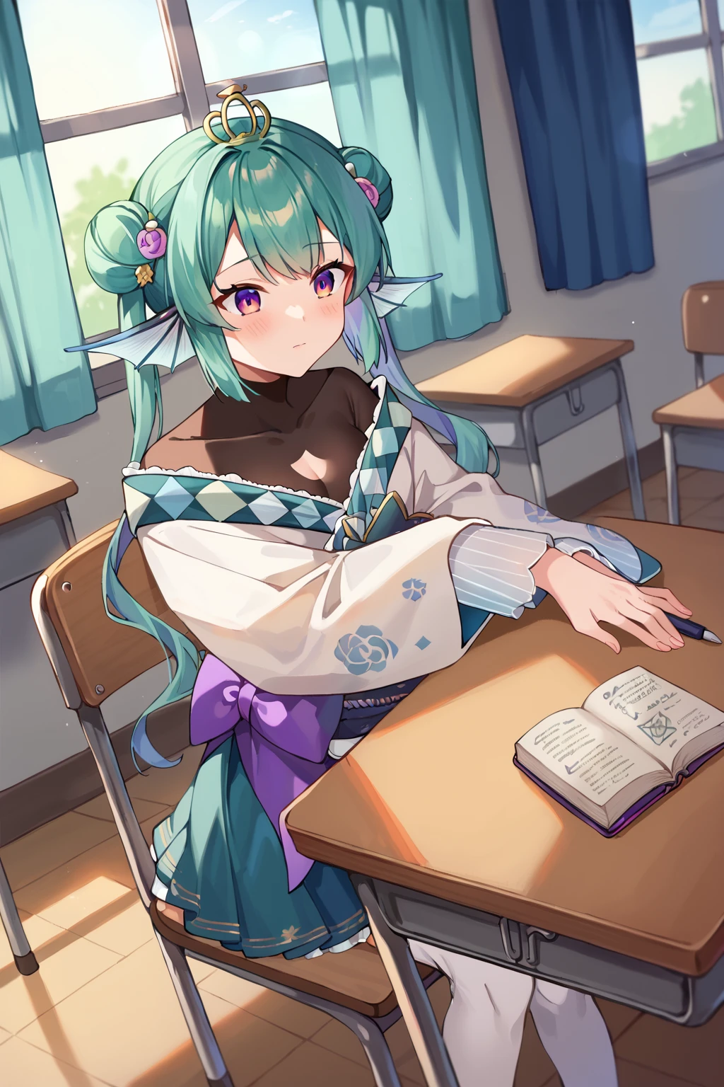 score_9, score_8_up, score_7_up, uncensored, source_anime, 1girl, <lora:spfinanaRyuguXLPony:1> finana2st, twintails, tiara, purple bow, hair flower, white kimono, obi, sash, black bodysuit, green skirt, white thighhighs, blurry, blurry background, book, chair, classroom, curtains, desk, eraser, indoors, lens flare, notebook, school chair, school desk, window