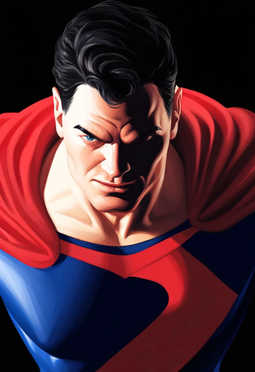 score_9, (rating_safe), BREAK PONYXL_AlexRoss_ComicArt_ownwaifu, 1boy, male focus, superhero, black hair, red cape, black background, looking at viewer, closed mouth, upper body, simple background, bodysuit