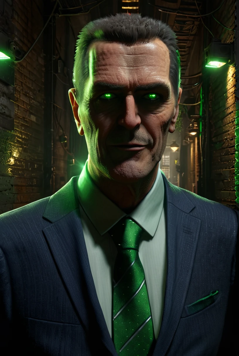 (gman) adjusting tie, looking at down at viewer, glowing green eyes, smirking, standing in dark alley 
[reflections, dark lighting, light rays, beams of light, realistic, high quality photo, 4k, hd, , ral-frctlgmtry]
<lora:xl_more_art-full_v1:0.6> <lora:add-detail-xl:0.5> <lora:ral-frctlgmtry:0.5>  <lora:Gman v1.0 (2):0.8>