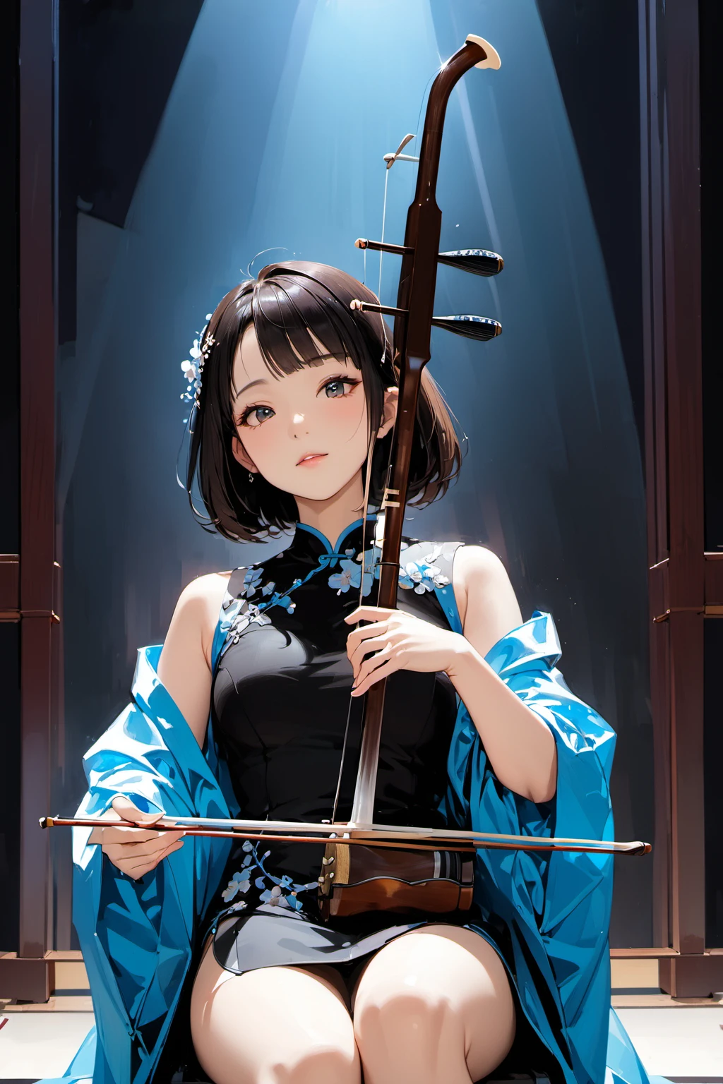 1girl,short hair,playing erhu,holding erhu,,, <lora:erhu xl V2-v:0.8>, (((masterpiece,best quality))),((good structure,Good composition,good atomy)), ((clear, original,beautiful)),